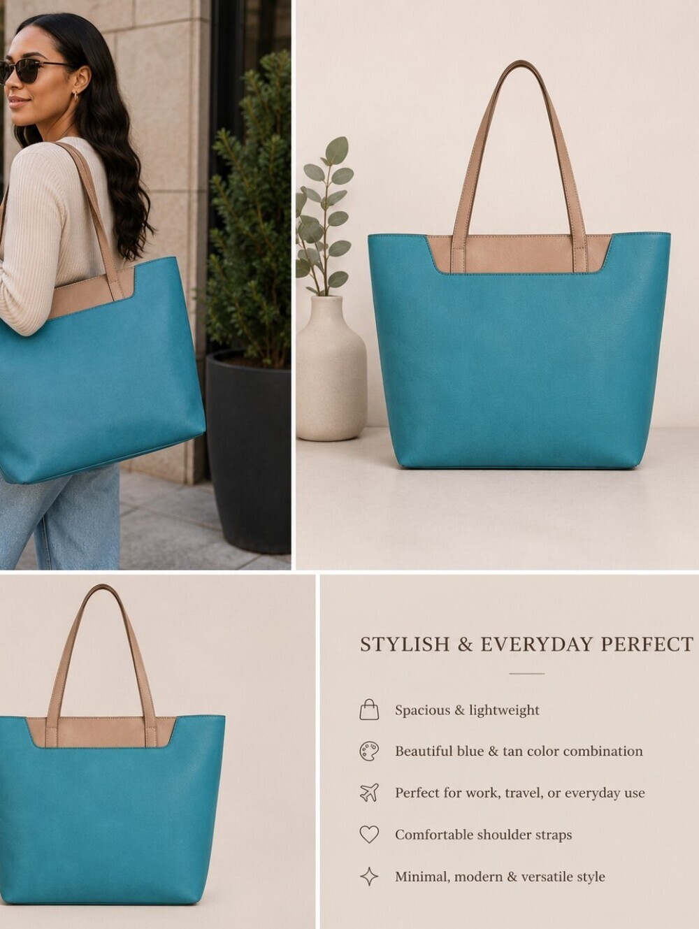 Minimalist Blue & Tan Tote Bag Chic Everyday Shoulder Purse